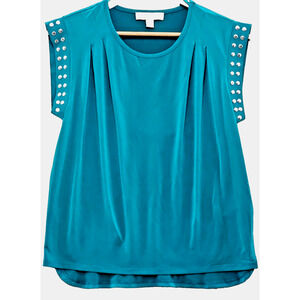 Michael Kors Women's Blouse Island Blue Top Silver Studded Cap Sleeve Small